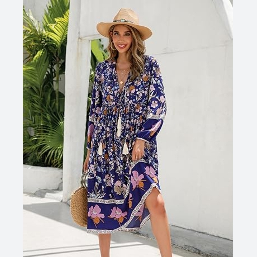 R Yiposha Floral Boho Midi Fall Dress Casual Flowy Tassel